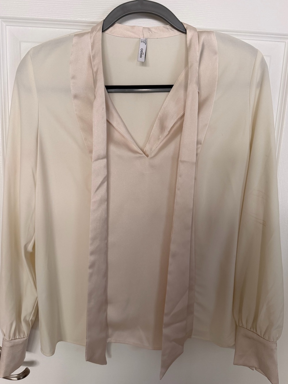 Mango Suit Cream Tie-Neck Satin-Trim Blouse